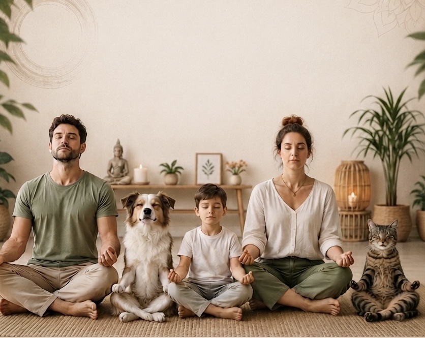 Famille en méditation avec un chien et un chat, illustration des soins énergétiques pour tous